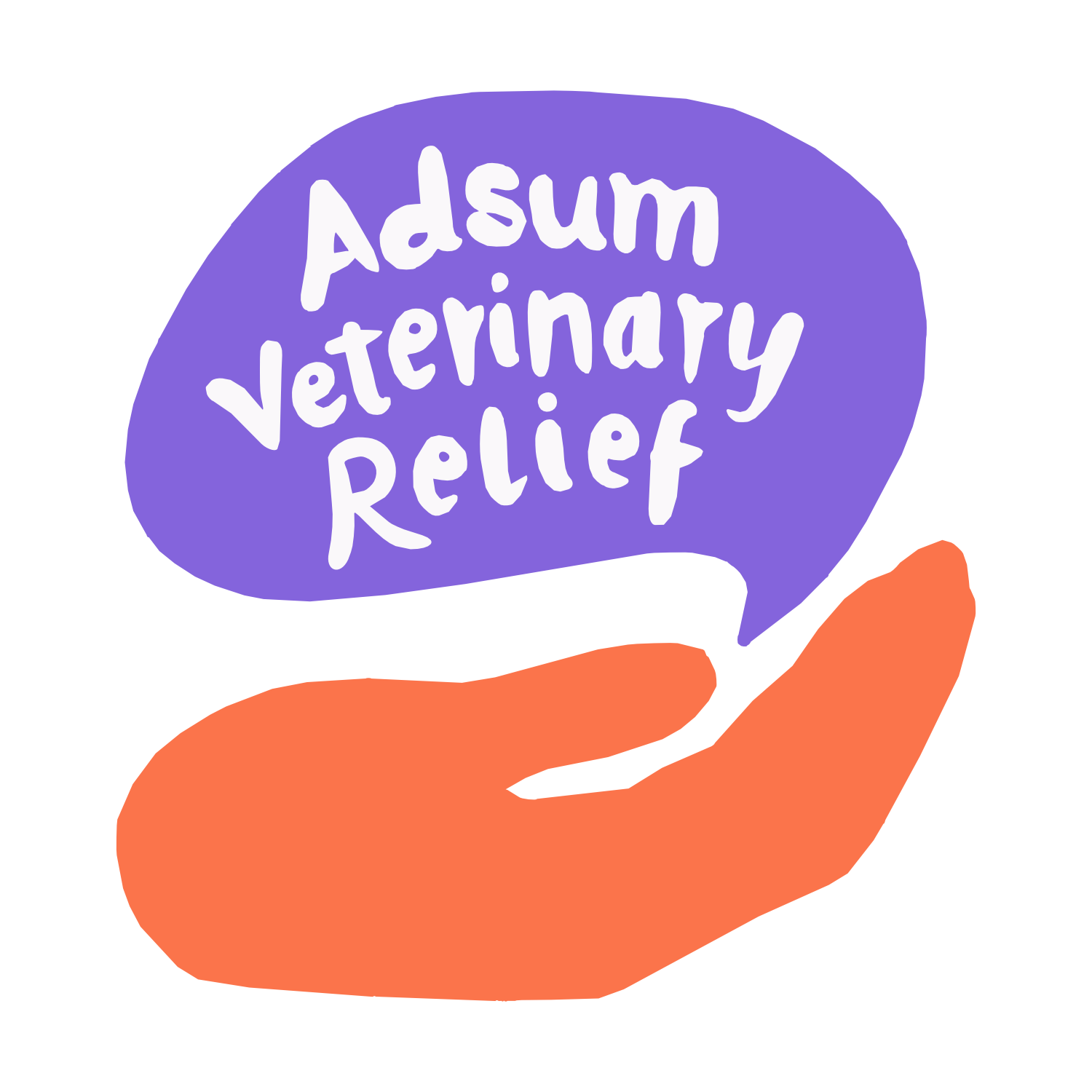 Illustration of an orange hand holding a purple speech bubble with the text "Adsum Veterinary Relief Services" inside.